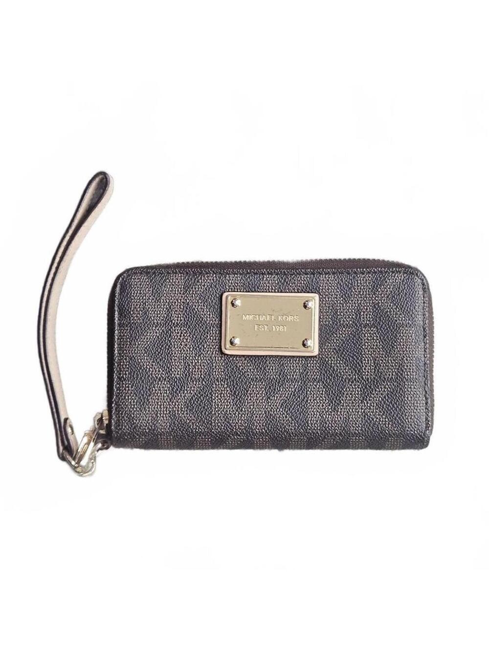 Michael Kors Brown Signature Logo Zip Wristlet Large Wallet Gold Hardware